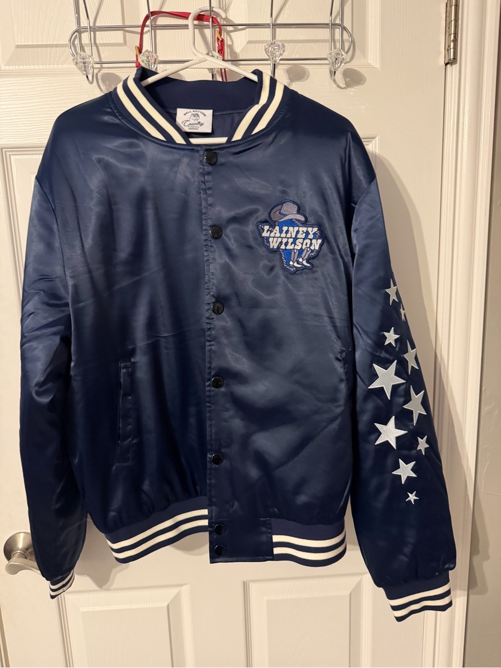 Lainey Wilson Navy Satin Bomber Jacket with Star Sleeve